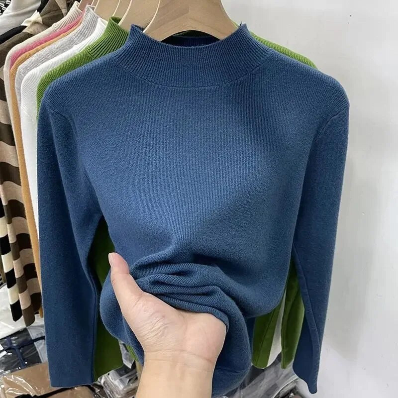 Pamata džemperi ar apkakli sievietēm Cimdi Melni Slim Pulovers Trikotāžas krekls ar garām piedurknēm augšējais džemperis Mīksts Silts