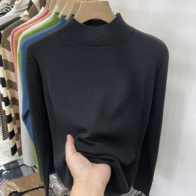 Pamata džemperi ar apkakli sievietēm Cimdi Melni Slim Pulovers Trikotāžas krekls ar garām piedurknēm augšējais džemperis Mīksts Silts