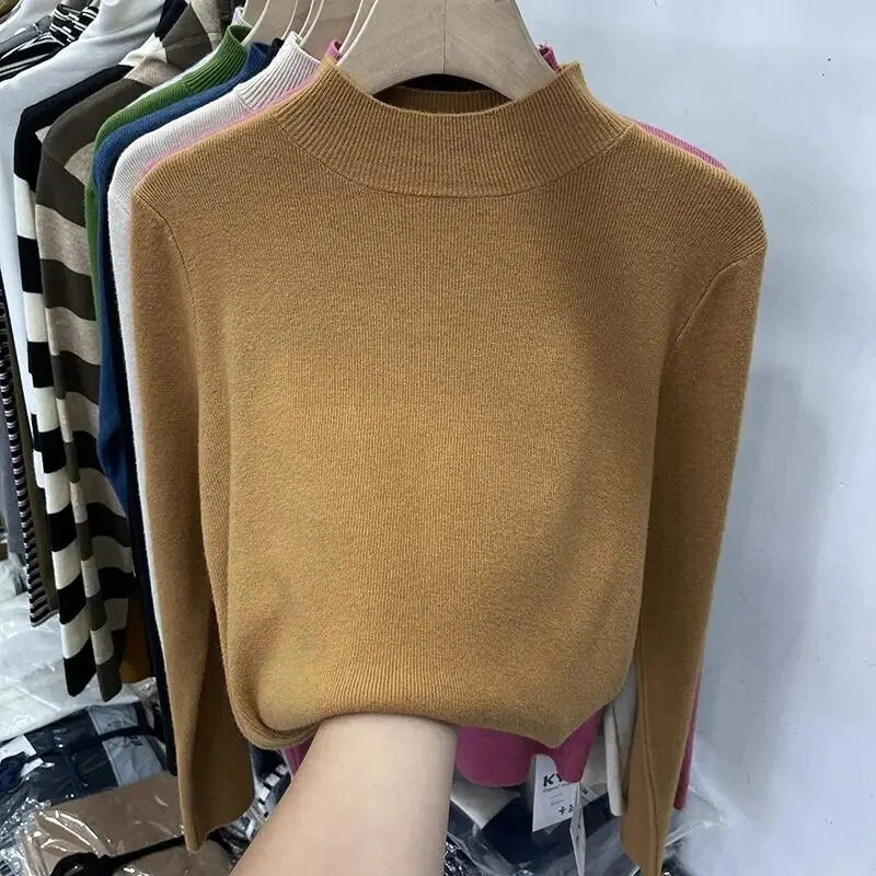 Pamata džemperi ar apkakli sievietēm Cimdi Melni Slim Pulovers Trikotāžas krekls ar garām piedurknēm augšējais džemperis Mīksts Silts