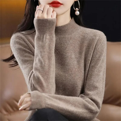 Rudens ziemas džemperi ar apkakli Sieviešu džemperi ar apkakli Vintage Solid Basic trikotāžas topi Džemperi ar garām piedurknēm Jauns