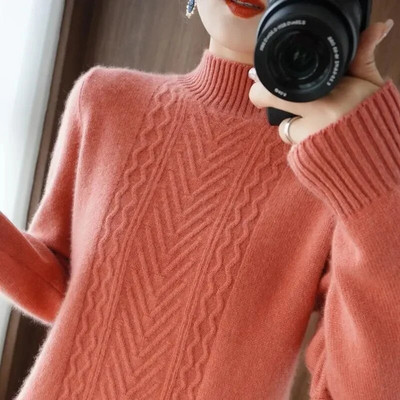 Biezi sieviešu džemperi ar apkakli Rudens Ziemas Topi Tievi sieviešu džemperi ar garām piedurknēm Trikotāžas džemperis Džemperis Mīksts, Silts Pulls