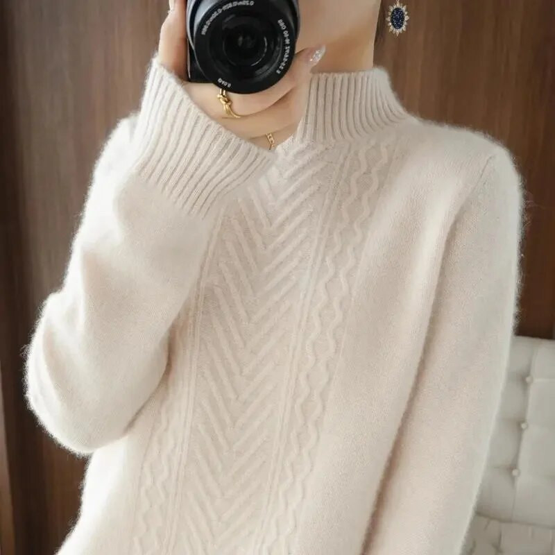 Biezi sieviešu džemperi ar apkakli Rudens Ziemas Topi Tievi sieviešu džemperi ar garām piedurknēm Trikotāžas džemperis Džemperis Mīksts, Silts Pulls