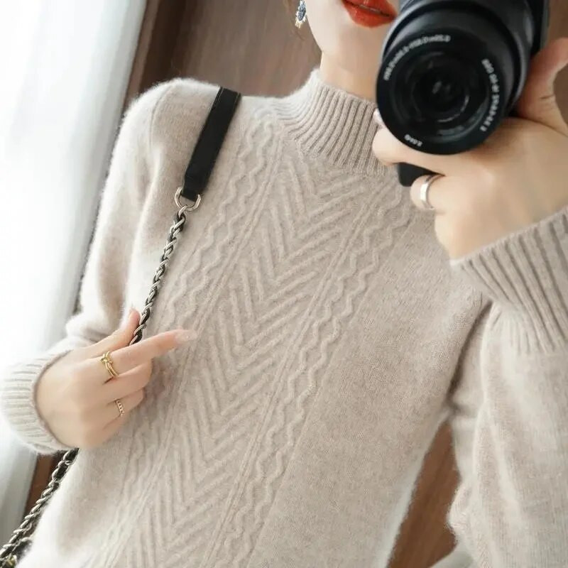 Biezi sieviešu džemperi ar apkakli Rudens Ziemas Topi Tievi sieviešu džemperi ar garām piedurknēm Trikotāžas džemperis Džemperis Mīksts, Silts Pulls