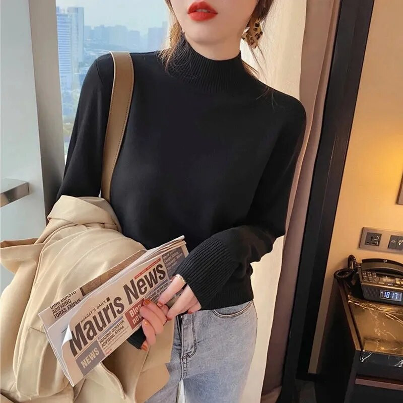 Naiste sügisene kaelusega kampsun, kootud pehmed pulloverid, kašmiirst džemprid, põhilised kampsunid naistele 2023. aasta sügistalvine kampsun