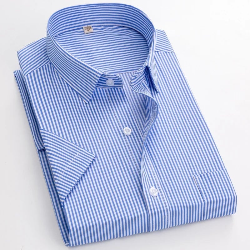 Καλοκαιρινό κοντό μανίκι S~8xl Ανδρικό πουκάμισο με ριγέ φόρεμα τετράγωνο γιακά αντι-σιδερένιο κανονική εφαρμογή Αντιρυτιδικό ανδρικό κοινωνικό πουκάμισο