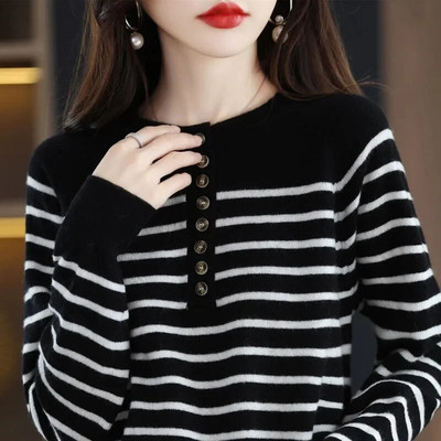 2024 Νέο γυναικείο πουλόβερ Φθινοπωρινό Χειμώνα Ζεστό Πουλόβερ Casual Πουκάμισο με ρίγες O-λαιμόκοψη μακρυμάνικο κορεάτικο πλεκτό πουλόβερ