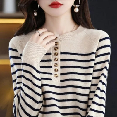 2024 Νέο γυναικείο πουλόβερ Φθινοπωρινό Χειμώνα Ζεστό Πουλόβερ Casual Πουκάμισο με ρίγες O-λαιμόκοψη μακρυμάνικο κορεάτικο πλεκτό πουλόβερ