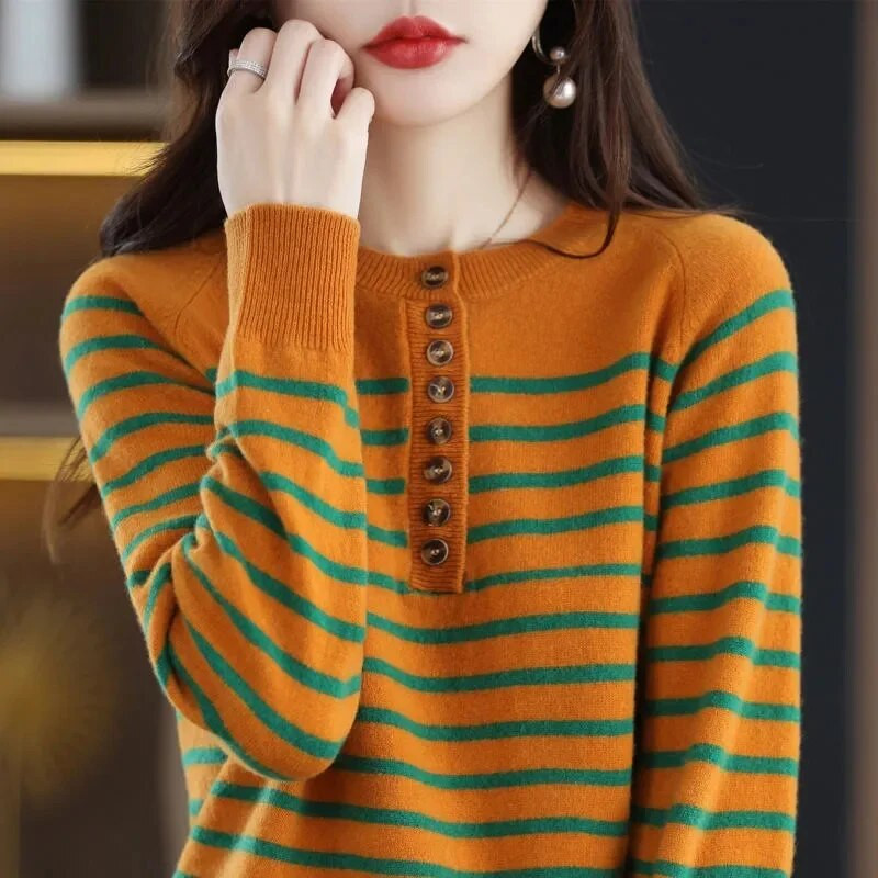 2024 Νέο γυναικείο πουλόβερ Φθινοπωρινό Χειμώνα Ζεστό Πουλόβερ Casual Πουκάμισο με ρίγες O-λαιμόκοψη μακρυμάνικο κορεάτικο πλεκτό πουλόβερ