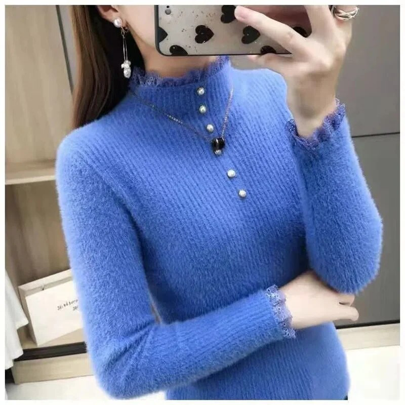 2023. gada jauns trikotāžas sieviešu džemperis, rudens ziemas korejiešu džemperis, sieviešu džemperis ar garām piedurknēm, zils džemperis