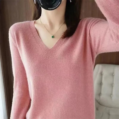2023. gada rudens ziemas sieviešu džemperi ar V veida kakla izgriezumu, garām piedurknēm, džemperis, mīksts trikotāžas džemperi, ikdienas biroja sieviešu džemperi, trikotāža