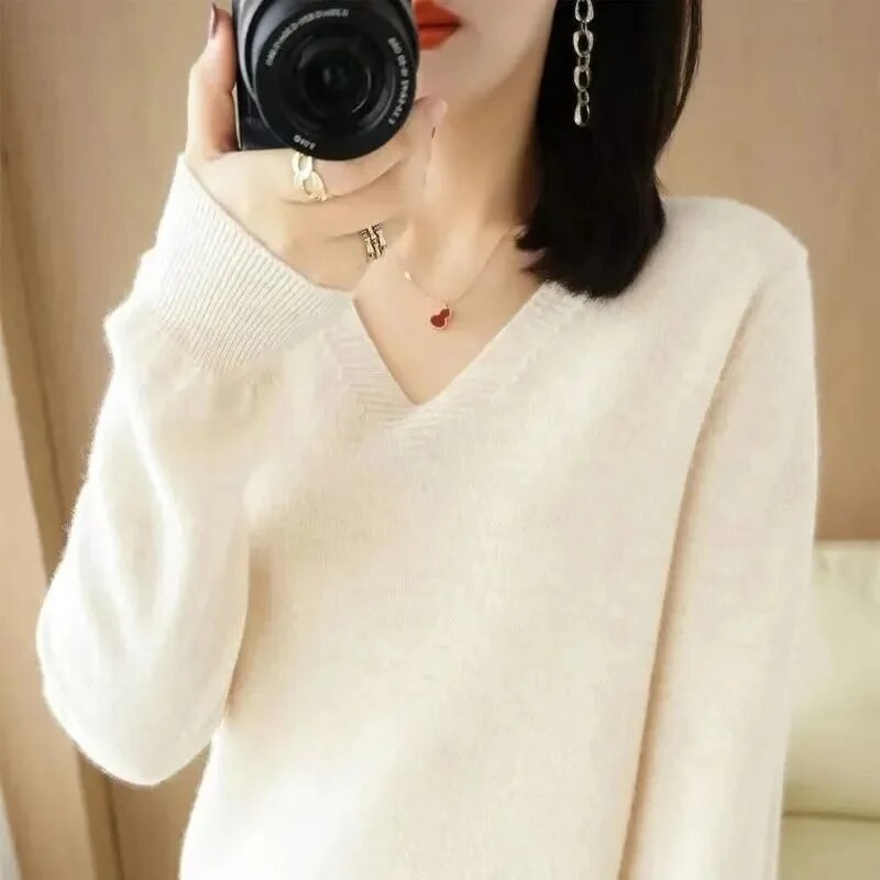 2023. gada rudens ziemas sieviešu džemperi ar V veida kakla izgriezumu, garām piedurknēm, džemperis, mīksts trikotāžas džemperi, ikdienas biroja sieviešu džemperi, trikotāža