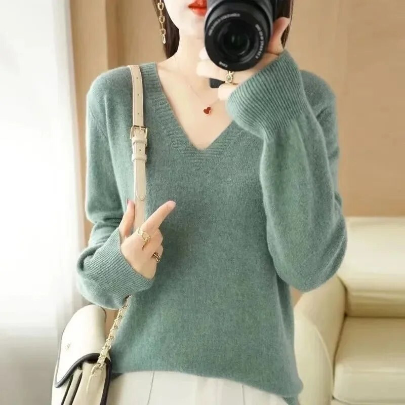 2023. gada rudens ziemas sieviešu džemperi ar V veida kakla izgriezumu, garām piedurknēm, džemperis, mīksts trikotāžas džemperi, ikdienas biroja sieviešu džemperi, trikotāža