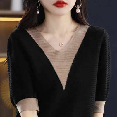 Γυναικείο πουλόβερ Φθινοπωρινό χειμωνιάτικο ζιβάγκο Ζεστό πλεκτό πουλόβερ με κοντό μανίκι V-λαιμόκοψη πουκάμισο με πλεκτό πουλόβερ μόδας Πουλόβερ