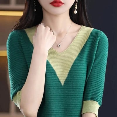 Γυναικείο πουλόβερ Φθινοπωρινό χειμωνιάτικο ζιβάγκο Ζεστό πλεκτό πουλόβερ με κοντό μανίκι V-λαιμόκοψη πουκάμισο με πλεκτό πουλόβερ μόδας Πουλόβερ