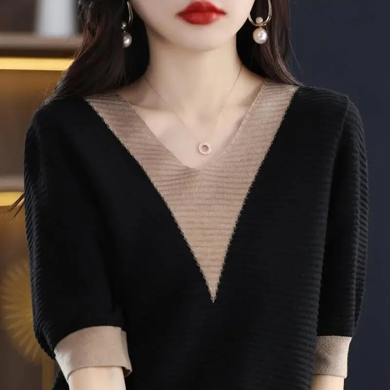 Γυναικείο πουλόβερ Φθινοπωρινό χειμωνιάτικο ζιβάγκο Ζεστό πλεκτό πουλόβερ με κοντό μανίκι V-λαιμόκοψη πουκάμισο με πλεκτό πουλόβερ μόδας Πουλόβερ