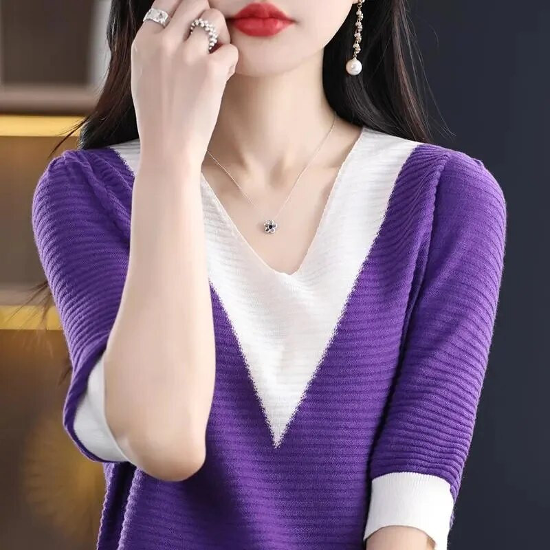 Γυναικείο πουλόβερ Φθινοπωρινό χειμωνιάτικο ζιβάγκο Ζεστό πλεκτό πουλόβερ με κοντό μανίκι V-λαιμόκοψη πουκάμισο με πλεκτό πουλόβερ μόδας Πουλόβερ