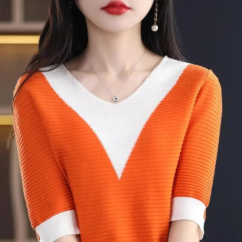 Γυναικείο πουλόβερ Φθινοπωρινό χειμωνιάτικο ζιβάγκο Ζεστό πλεκτό πουλόβερ με κοντό μανίκι V-λαιμόκοψη πουκάμισο με πλεκτό πουλόβερ μόδας Πουλόβερ