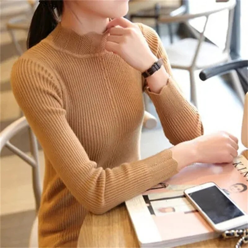 2023-as női őszi, téli garbós pulóver Vintage Solid Basic kötött felsők Alkalmi karcsú pulóver koreai divat pulóverek felső