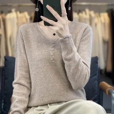 Naiste 2023. aasta kampsun, uus sügistalvine pikkade varrukatega pullover, elastne kootud naiste V-kaelusega džemprid, vabaaja kampsunid.