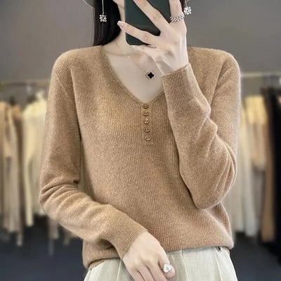 Naiste 2023. aasta kampsun, uus sügistalvine pikkade varrukatega pullover, elastne kootud naiste V-kaelusega džemprid, vabaaja kampsunid.