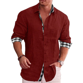 Нови мъжки памучни ленени ризи Свободна ежедневна блуза Решетка Тениска с дълъг ръкав Есен Плюс размер 5xl Модна красива мъжка тениска