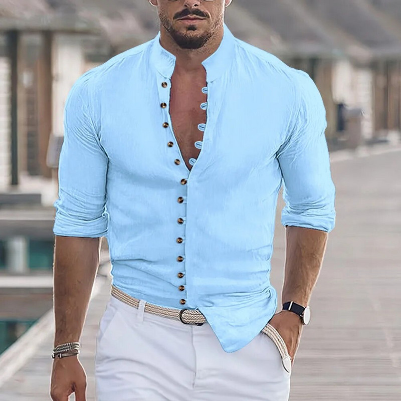 Kevad ja sügis kõik aastaajad Soe allahindlus Puuvillane Linane nööp Pikkade varrukatega särgid Meeste ühevärviline püstkrae vabaaja riietus