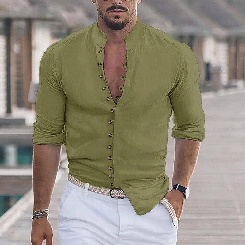 Kevad ja sügis kõik aastaajad Soe allahindlus Puuvillane Linane nööp Pikkade varrukatega särgid Meeste ühevärviline püstkrae vabaaja riietus