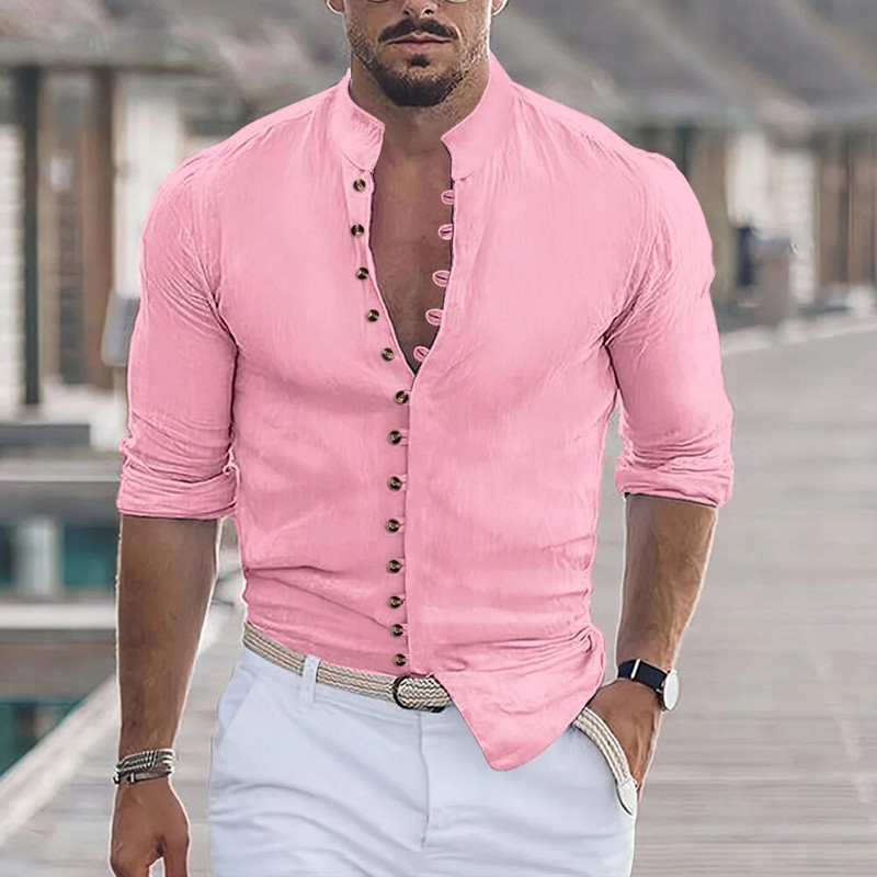 Kevad ja sügis kõik aastaajad Soe allahindlus Puuvillane Linane nööp Pikkade varrukatega särgid Meeste ühevärviline püstkrae vabaaja riietus