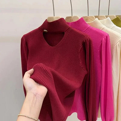 Γυναικείο πουλόβερ με χειμωνιάτικο ζιβάγκο Κομψή γραμμή ζεστό πλεκτό πουλόβερ Λεπτό μακρυμάνικο μπλουζάκι με ψηλό λαιμό Ζέρσεϊ πλεκτό πουλόβερ Νέο