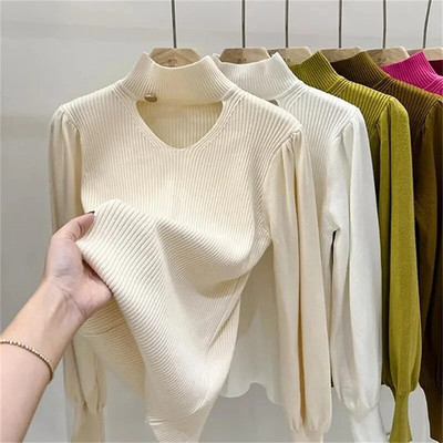 Γυναικείο πουλόβερ με χειμωνιάτικο ζιβάγκο Κομψή γραμμή ζεστό πλεκτό πουλόβερ Λεπτό μακρυμάνικο μπλουζάκι με ψηλό λαιμό Ζέρσεϊ πλεκτό πουλόβερ Νέο