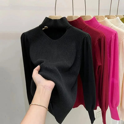 Γυναικείο πουλόβερ με χειμωνιάτικο ζιβάγκο Κομψή γραμμή ζεστό πλεκτό πουλόβερ Λεπτό μακρυμάνικο μπλουζάκι με ψηλό λαιμό Ζέρσεϊ πλεκτό πουλόβερ Νέο