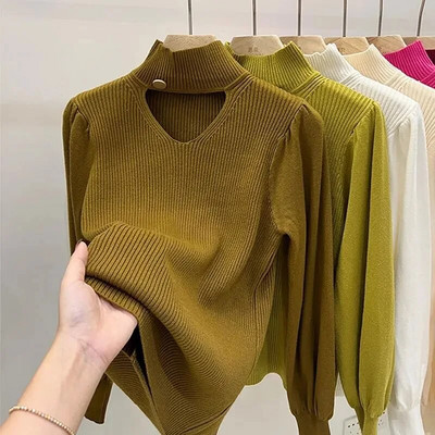 Γυναικείο πουλόβερ με χειμωνιάτικο ζιβάγκο Κομψή γραμμή ζεστό πλεκτό πουλόβερ Λεπτό μακρυμάνικο μπλουζάκι με ψηλό λαιμό Ζέρσεϊ πλεκτό πουλόβερ Νέο