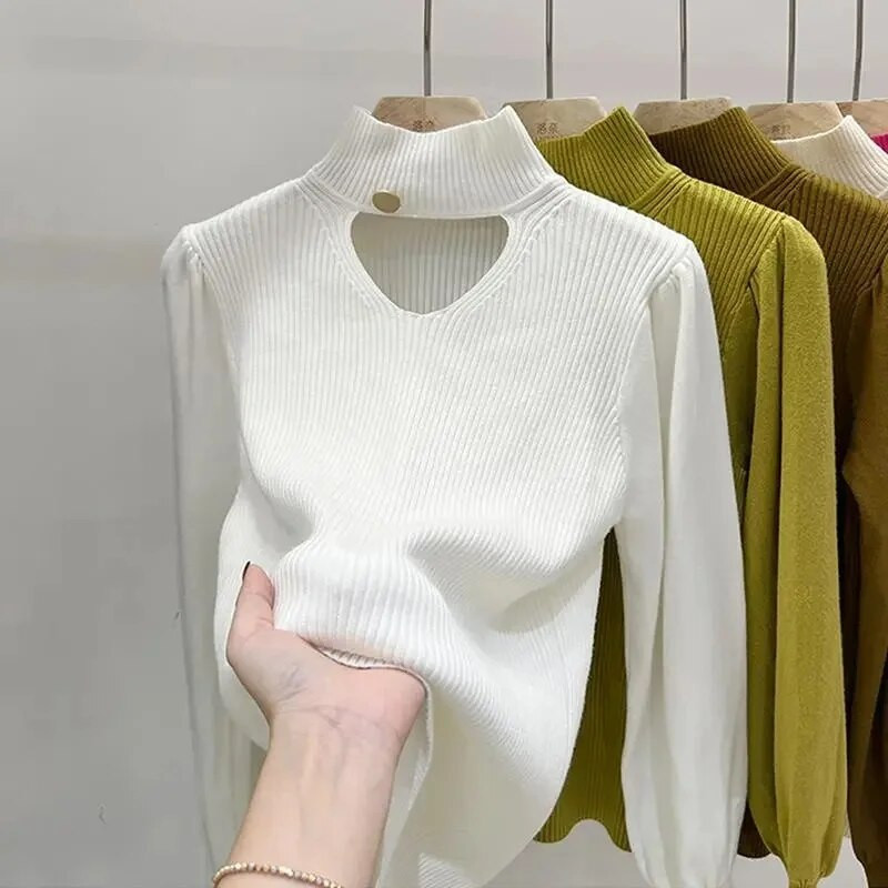 Γυναικείο πουλόβερ με χειμωνιάτικο ζιβάγκο Κομψή γραμμή ζεστό πλεκτό πουλόβερ Λεπτό μακρυμάνικο μπλουζάκι με ψηλό λαιμό Ζέρσεϊ πλεκτό πουλόβερ Νέο