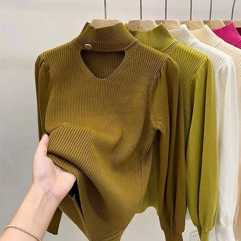 Γυναικείο πουλόβερ με χειμωνιάτικο ζιβάγκο Κομψή γραμμή ζεστό πλεκτό πουλόβερ Λεπτό μακρυμάνικο μπλουζάκι με ψηλό λαιμό Ζέρσεϊ πλεκτό πουλόβερ Νέο