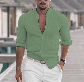 2023 Мъжка ежедневна памучна ленена риза с фалшиво деколте, плътна свободна горна част с дълъг ръкав, красива модна риза за пролет и есен