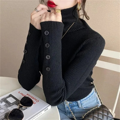 2023. gada rudens ziemas Sieviešu džemperi, džemperi ar garām piedurknēm, pogām, sieviešu džemperis, tievs adīts, mīksts džemperis, sieviešu džemperis