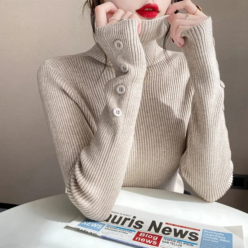 2023. gada rudens ziemas Sieviešu džemperi, džemperi ar garām piedurknēm, pogām, sieviešu džemperis, tievs adīts, mīksts džemperis, sieviešu džemperis