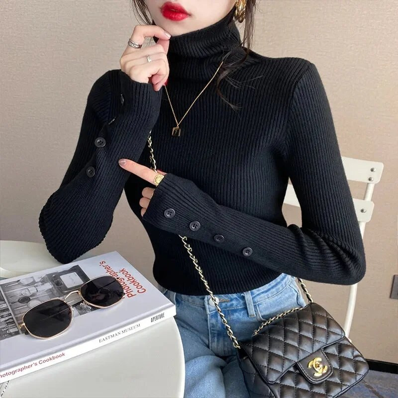 2023. gada rudens ziemas Sieviešu džemperi, džemperi ar garām piedurknēm, pogām, sieviešu džemperis, tievs adīts, mīksts džemperis, sieviešu džemperis