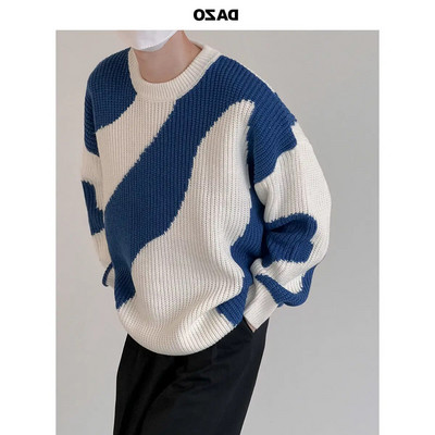 2023. gada jauns adīts vīriešu džemperis ar O veida kakla izgriezumu. Vīriešu džemperis ar govju raibumu.