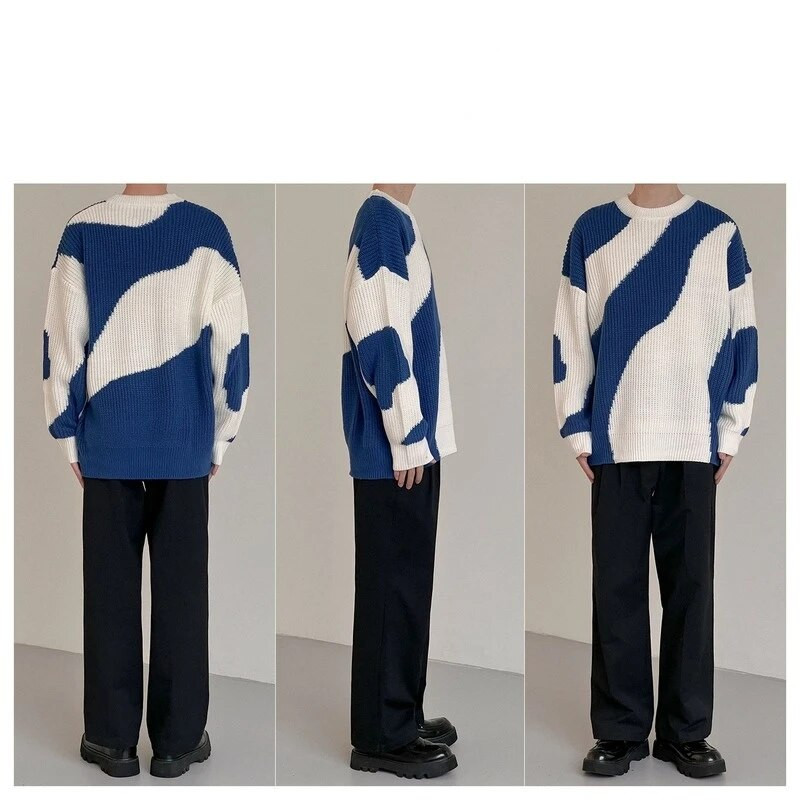 2023. gada jauns adīts vīriešu džemperis ar O veida kakla izgriezumu. Vīriešu džemperis ar govju raibumu.