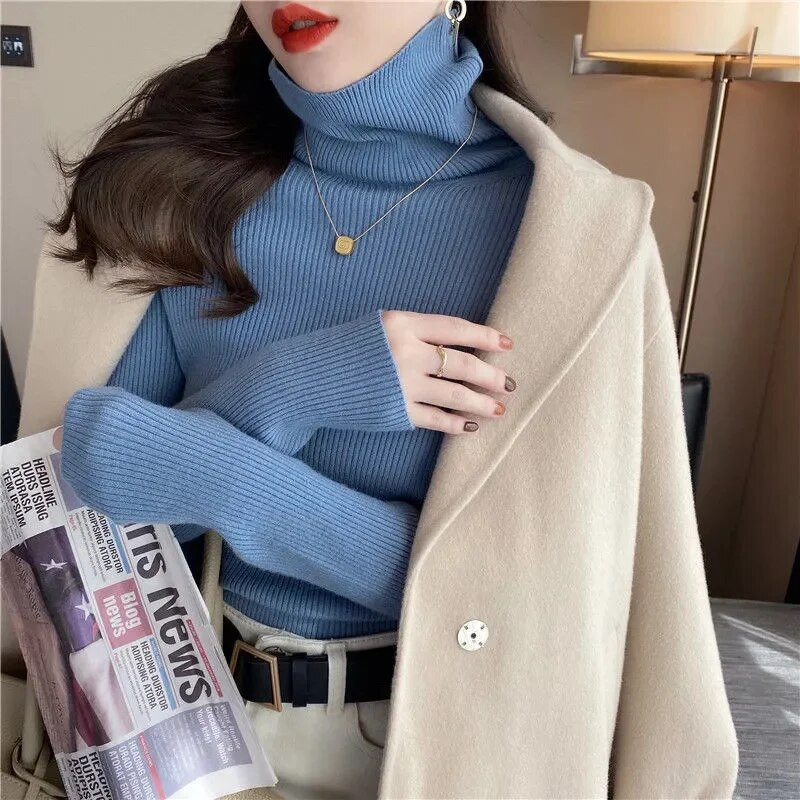 2023. gada jauns džemperis ar bruņurupuču apkakli Sieviešu trikotāžas blūzes Modes sieviešu džemperi Ziemas termiski svītraini garām piedurknēm rudens siltie topi