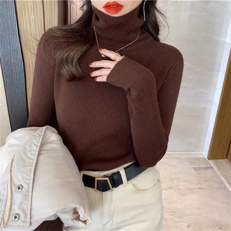 2023. gada jauns džemperis ar bruņurupuču apkakli Sieviešu trikotāžas blūzes Modes sieviešu džemperi Ziemas termiski svītraini garām piedurknēm rudens siltie topi