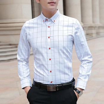 Ανδρικό πουκάμισο με καρό στάμπα με μακρυμάνικο φθινοπωρινό πουκάμισο με κουμπί μονόπλευρο επίσημο επάνω μεσαίο μήκους ανδρικό επαγγελματικό πουκάμισο