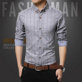 Мъжка риза, карирана щампа с дълъг ръкав, есенна риза с копчета, едноредно официално горнище със средна дължина, мъжка бизнес риза
