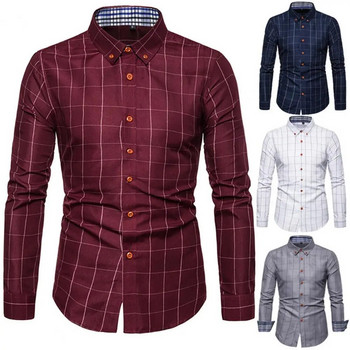 Мъжка риза, карирана щампа с дълъг ръкав, есенна риза с копчета, едноредно официално горнище със средна дължина, мъжка бизнес риза