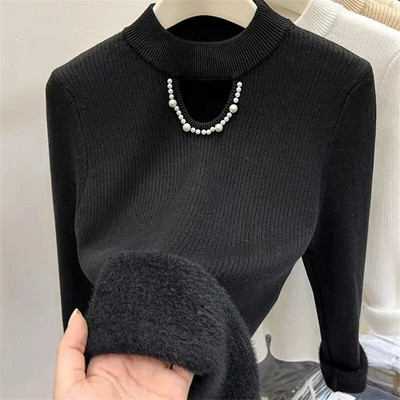 Sieviešu džemperis 2023. gada rudens ziemas, bieza samta odere, silts džemperis ar O veida kakla apakšu, krekls ar garām piedurknēm korejiešu trikotāžas džemperi