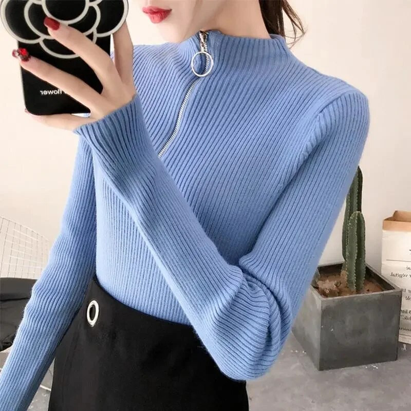 2023. gada jauns trikotāžas sieviešu džemperis ar rāvējslēdzēju ar augstu apkakli