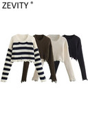 Zevity 2023 Sieviešu modes šķelto caurumu rotājumi Īsa stila adīšana Sieviešu džemperis ar garām piedurknēm Crop Puloveri Mētelis SW5266