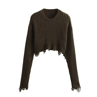 Zevity 2023 Sieviešu modes šķelto caurumu rotājumi Īsa stila adīšana Sieviešu džemperis ar garām piedurknēm Crop Puloveri Mētelis SW5266