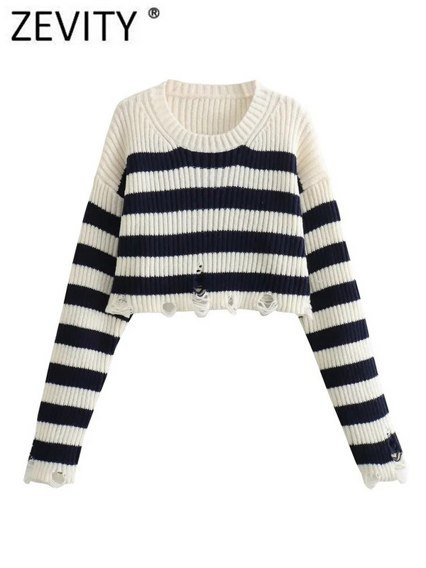 Zevity 2023 Sieviešu modes šķelto caurumu rotājumi Īsa stila adīšana Sieviešu džemperis ar garām piedurknēm Crop Puloveri Mētelis SW5266